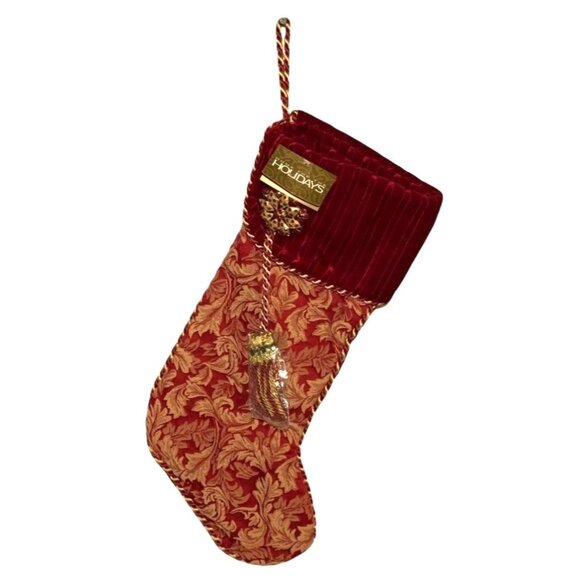 Holiday Velvet & Brocade Christmas Stocking With Gold Tassel & Jewel Accent - Picture 7 of 9